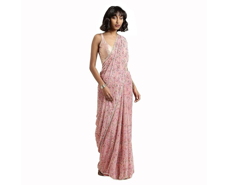 Womanista Women's Floral Printed Poly Georgette Saree + Pink Lycra Shapewear Saree Petticoat